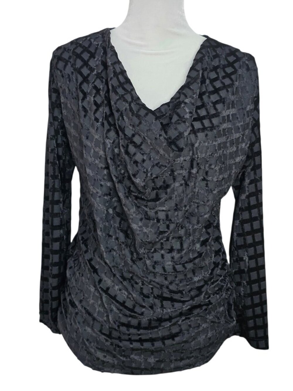 Love Black Burnout Velvet Draped Cowl Neck Long Sleeve Blouse Top Size 1X NWT